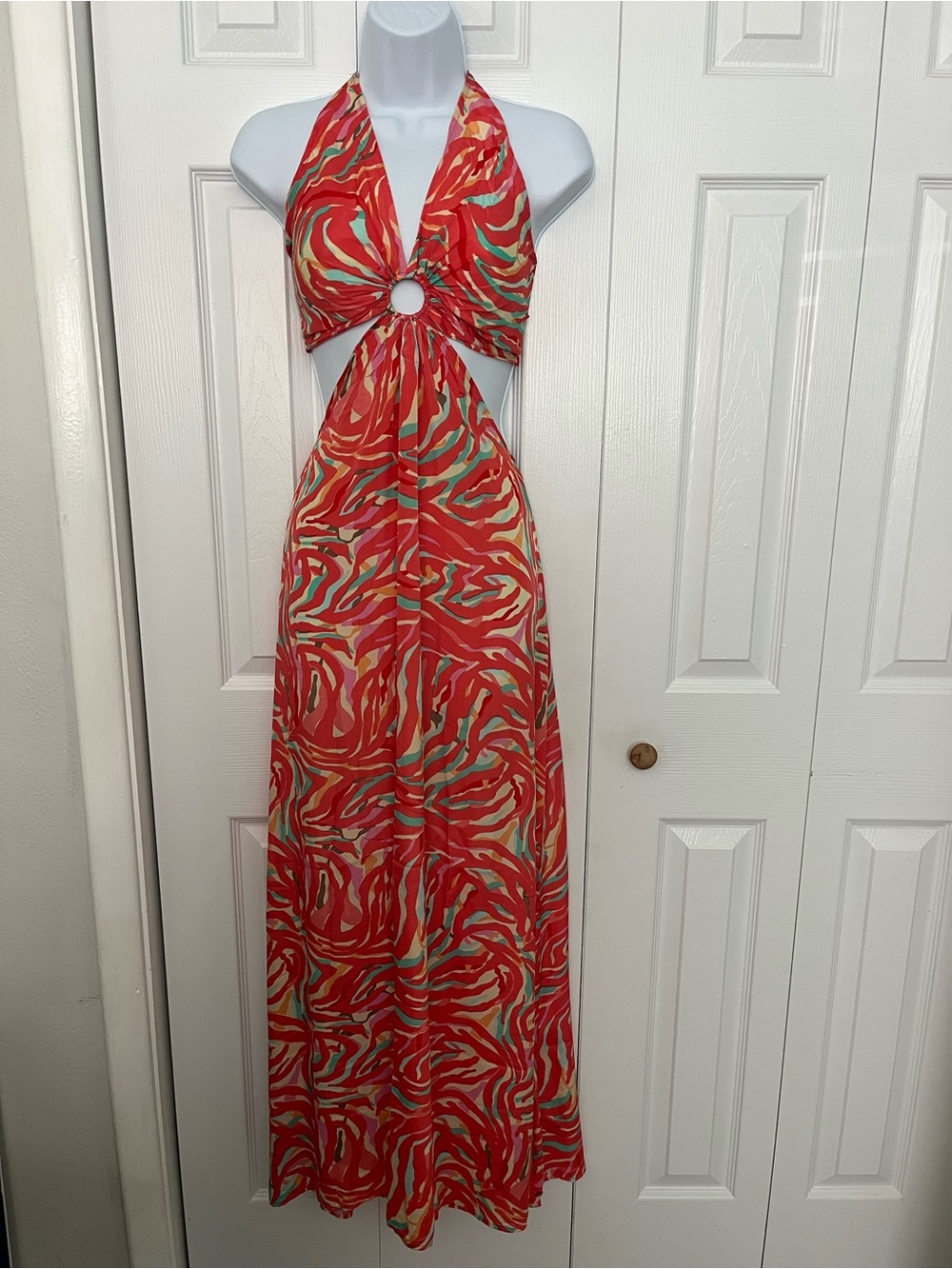 Coral Swirl Halter Maxi Dress with Ring Detail